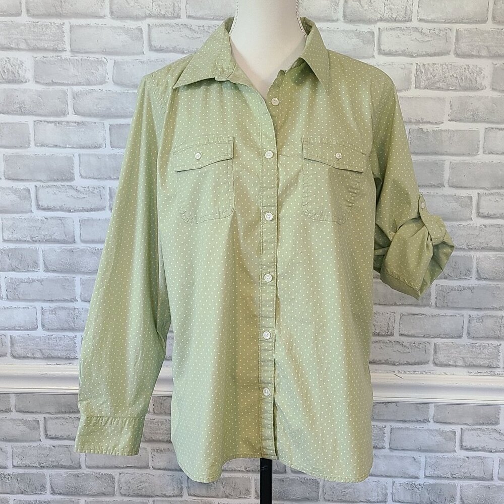 LL Bean Shirt Polka Dots Button Pockets Roll Tab Long Sleeve XL Classic Relaxed